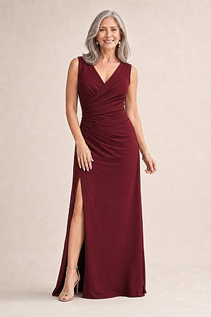 Annette Satin Gown by Tania Olsen - Wine Red mother of the bride dress on model