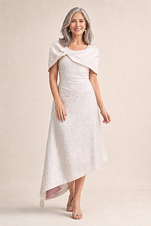 Arita Blush Dress Metallic Draping with Elegant Structure by Trellis Lane mother of the bride dress on model