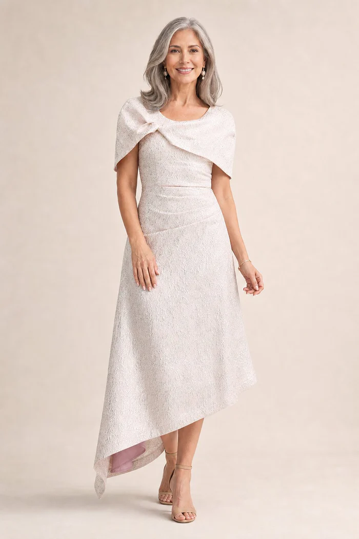 Arita Blush Dress Metallic Draping with Elegant Structure by Trellis Lane mother of the bride dress on model