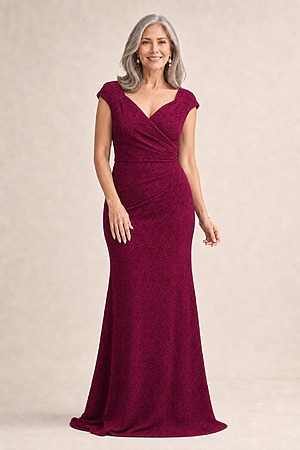 Bailey Gown by Trellis Lane in Rose mother of the bride dress on model