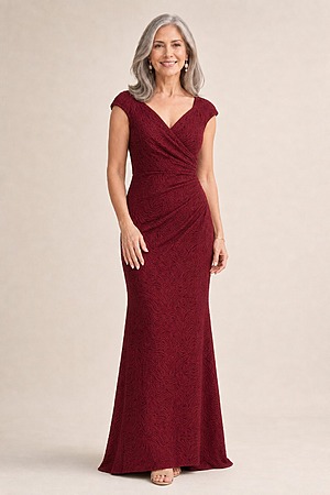 Bailey Gown by Trellis Lane in Wine Red mother of the bride dress on model