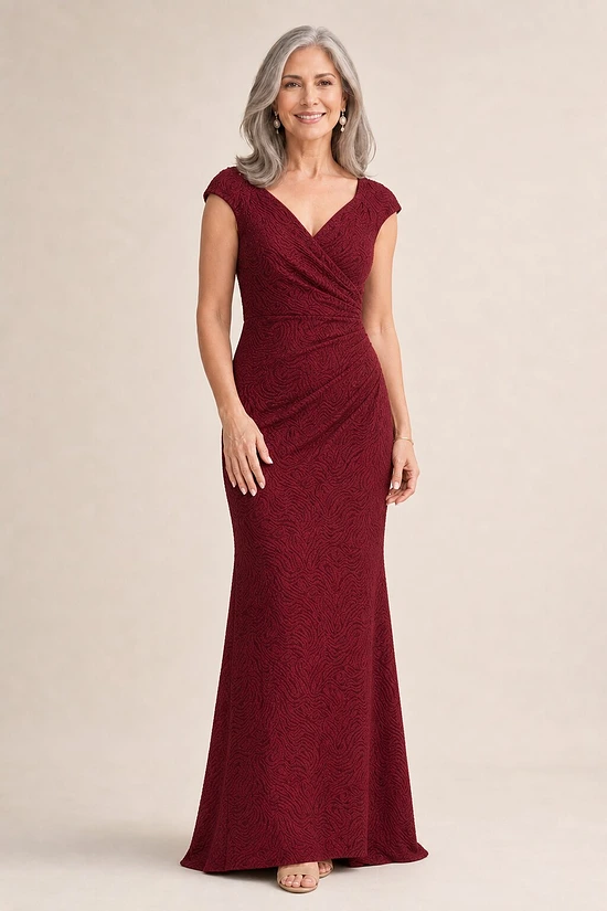 Bailey Gown by Trellis Lane in Wine Red mother of the bride dress on model