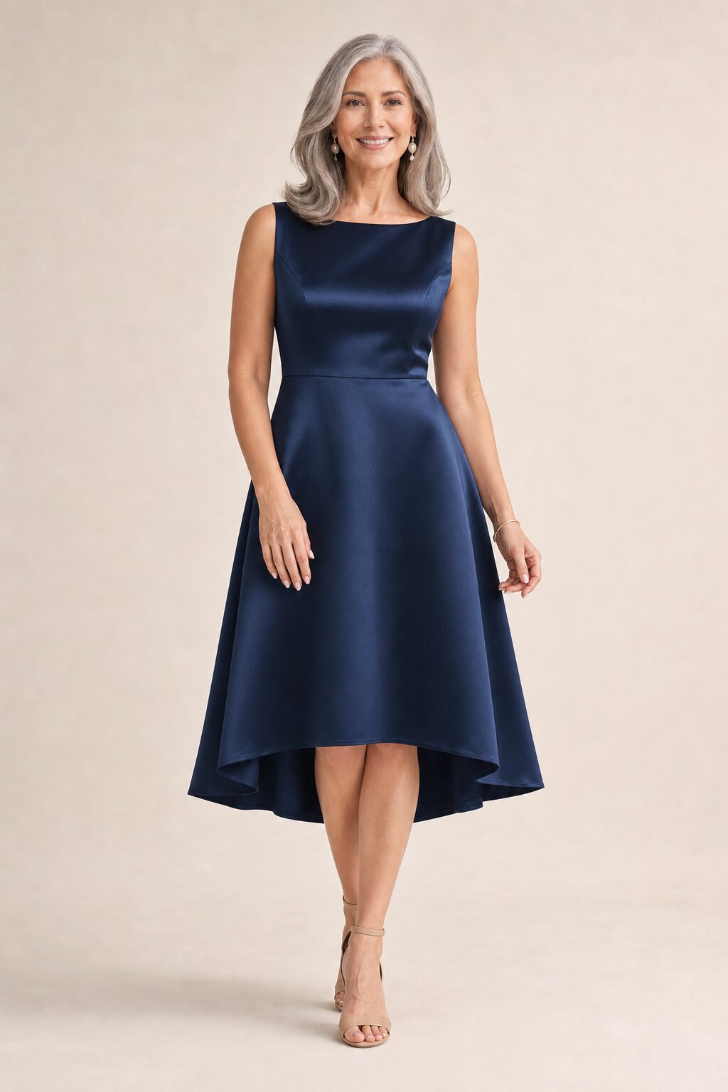 Bateau Neck Satin High Low Cocktail Dress by Alfred Sung - Midnight