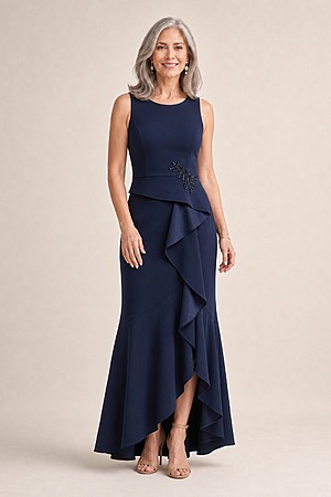 Bead Accent Crepe Halter Gown in Midnight by Adrianna Papell mother of the bride dress on model