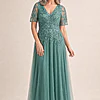 Beaded Mesh Long Dress in Green Slate by Adrianna Papell mother of the bride dress on model
