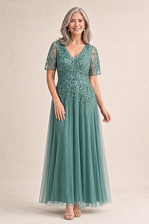 Beaded Mesh Long Dress in Green Slate by Adrianna Papell mother of the bride dress on model