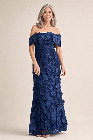 Bellami Textured Florals with Modern Navy Florals Maxi Dress by Trellis Lane mother of the bride dress on model