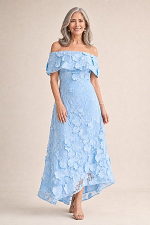 Benni Off Shoulder Pale Blue Dress Sculpted Florals by Trellis Lane mother of the bride dress on model