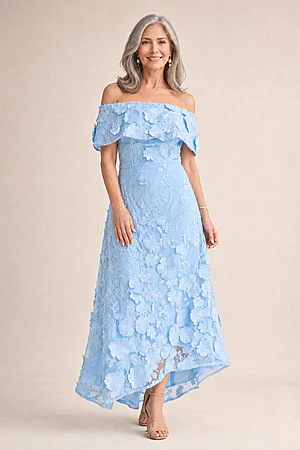 Benni Off Shoulder Pale Blue Dress Sculpted Florals by Trellis Lane
