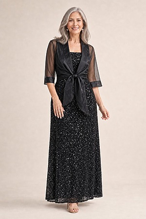 Black Organza Wrap Jacket With Short Sleeves by Adrianna Papell mother of the bride dress on model