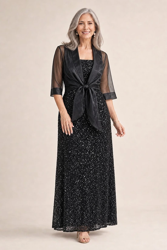 Black Organza Wrap Jacket With Short Sleeves by Adrianna Papell mother of the bride dress on model