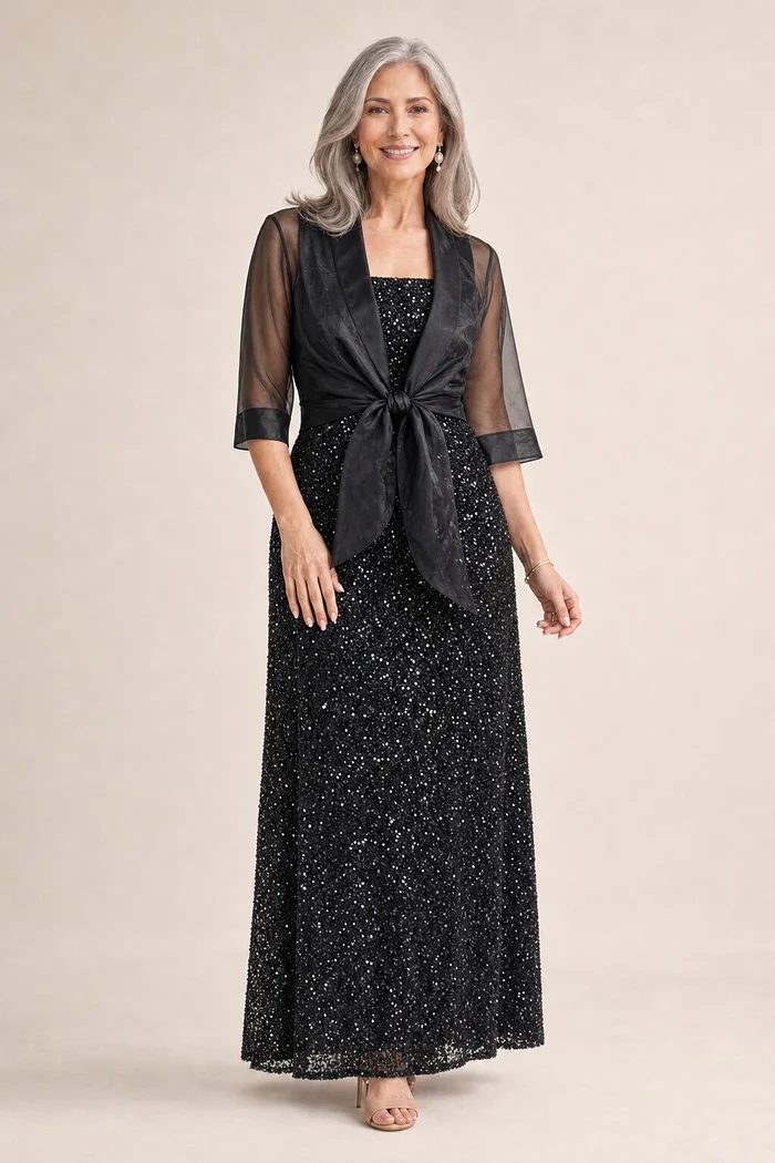 Black Organza Wrap Jacket With Short Sleeves by Adrianna Papell mother of the bride dress on model