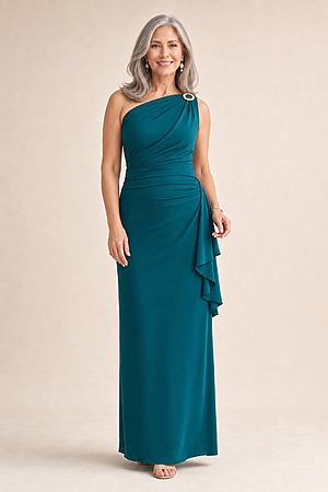 Brionie One-Shoulder Elegant Teal Dress by Trellis Lane mother of the bride dress on model