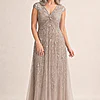 Cap Sleeve Beaded Sequin Marble Floral Gown by Adrianna Papell mother of the bride dress on model