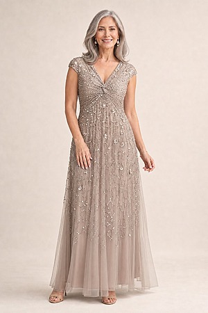 Cap Sleeve Beaded Sequin Marble Floral Gown by Adrianna Papell mother of the bride dress on model