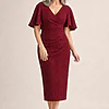 Catherine Flutter Sleeve Mid Length Gown by Trellis Lane in Wine mother of the bride dress on model