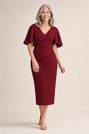 Catherine Flutter Sleeve Mid Length Gown by Trellis Lane in Wine mother of the bride dress on model