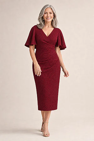 Catherine Flutter Sleeve Mid Length Gown by Trellis Lane in Wine