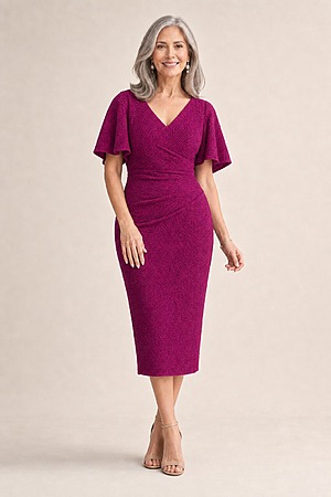Catherine Flutter Sleeve Mid Length Magenta Gown by Trellis Lane mother of the bride dress on model