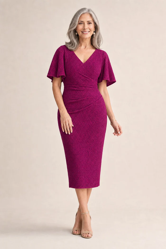 Catherine Flutter Sleeve Mid Length Magenta Gown by Trellis Lane mother of the bride dress on model