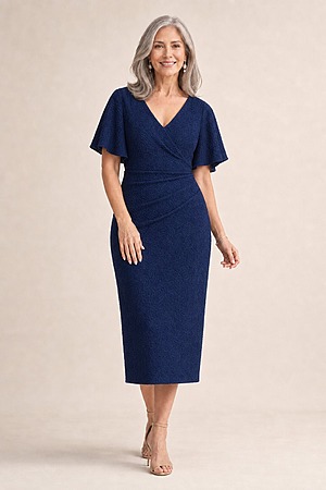 Catherine Flutter Sleeve Mid Length Navy Gown by Trellis Lane mother of the bride dress on model