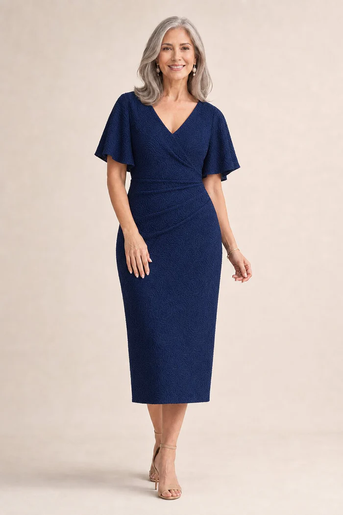 Catherine Flutter Sleeve Mid Length Navy Gown by Trellis Lane mother of the bride dress on model