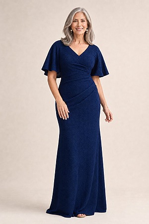 Catherine Flutter Sleeve Teal Gown by Trellis Lane mother of the bride dress on model