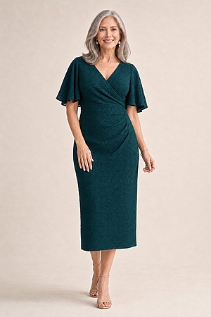 Catherine Mid Length Teal Gown by Trellis Lane mother of the bride dress on model