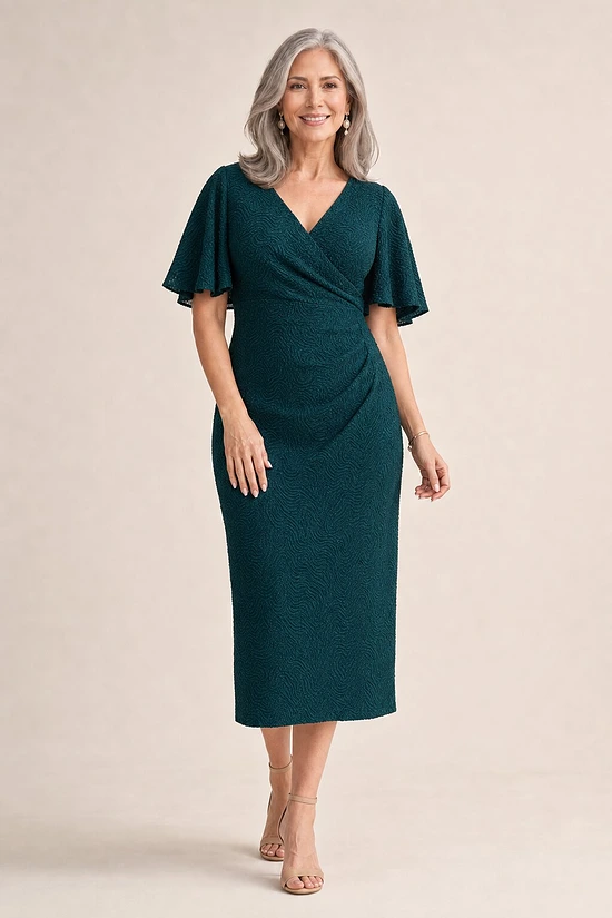 Catherine Mid Length Teal Gown by Trellis Lane mother of the bride dress on model