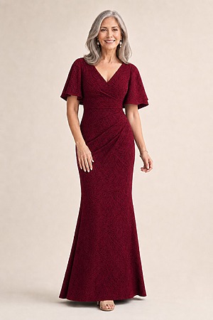 Catherine Wine Gown Elegance with Contemporary Detail by Trellis Lane mother of the bride dress on model