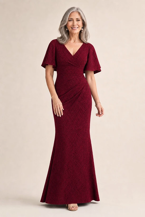 Catherine Wine Gown Elegance with Contemporary Detail by Trellis Lane mother of the bride dress on model