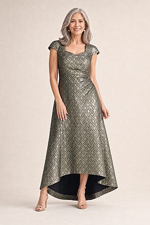 Charlotta Gold Hi-Lo Maxi by Trellis Lane mother of the bride dress on model