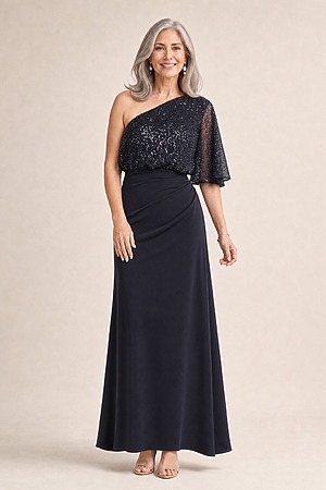 Colleen One Shoulder Gown by Trellis Lane in Navy mother of the bride dress on model