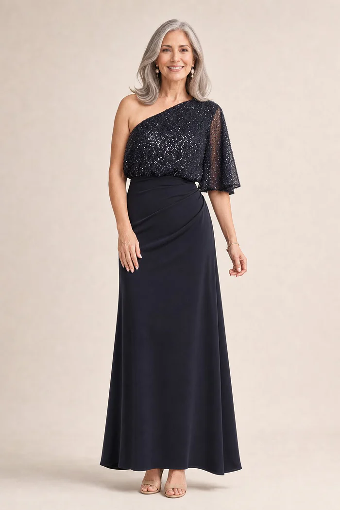 Colleen One Shoulder Gown by Trellis Lane in Navy mother of the bride dress on model