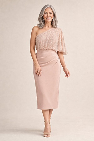 Colleen One Shoulder Mid Length Gown by Trellis Lane in Blush mother of the bride dress on model