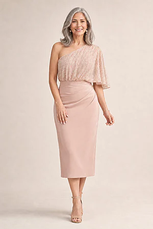 Colleen One Shoulder Mid Length Gown by Trellis Lane in Blush
