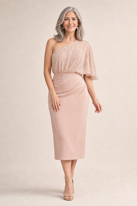 Colleen One Shoulder Mid Length Gown by Trellis Lane in Blush mother of the bride dress on model
