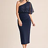 Colleen One Shoulder Mid Length Gown by Trellis Lane in Navy mother of the bride dress on model