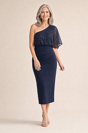 Colleen One Shoulder Mid Length Gown by Trellis Lane in Navy mother of the bride dress on model