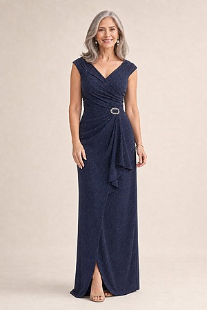 Connie Navy Gown Classic Glamour with Elegant Movement by Trellis Lane mother of the bride dress on model