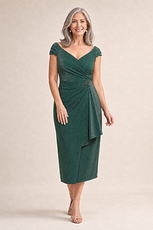 Connie Shimmer Cocktail Gown by Trellis Lane in Emerald mother of the bride dress on model
