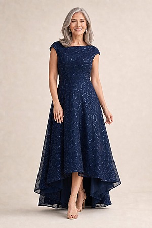 Cora Asymmetric Navy Dress Subtle Sparkle by Trellis Lane mother of the bride dress on model