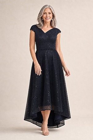 Cora Asymmetric Sequin Gown by Trellis Lane in Navy mother of the bride dress on model