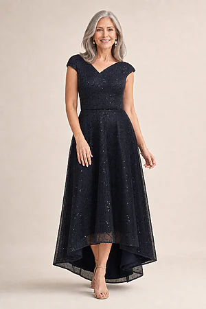 Cora Asymmetric Sequin Gown by Trellis Lane in Navy