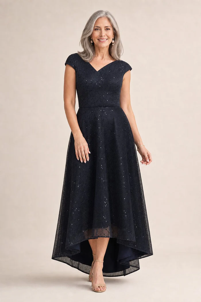 Cora Asymmetric Sequin Gown by Trellis Lane in Navy mother of the bride dress on model