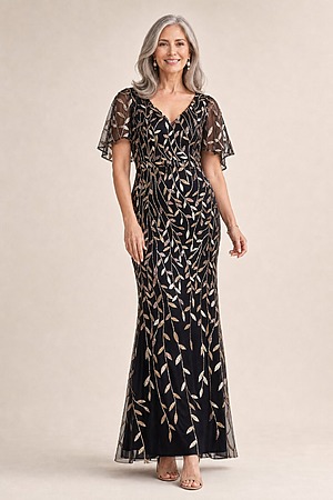 Edith Flutter Sleeve Gold Sequin Black Gown by Dressology mother of the bride dress on model