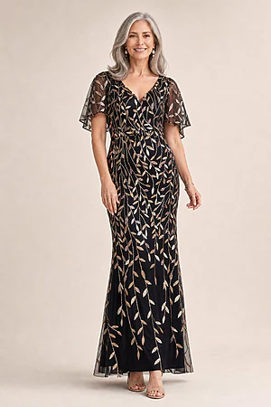 Edith Flutter Sleeve Gold Sequin Black Gown by Dressology