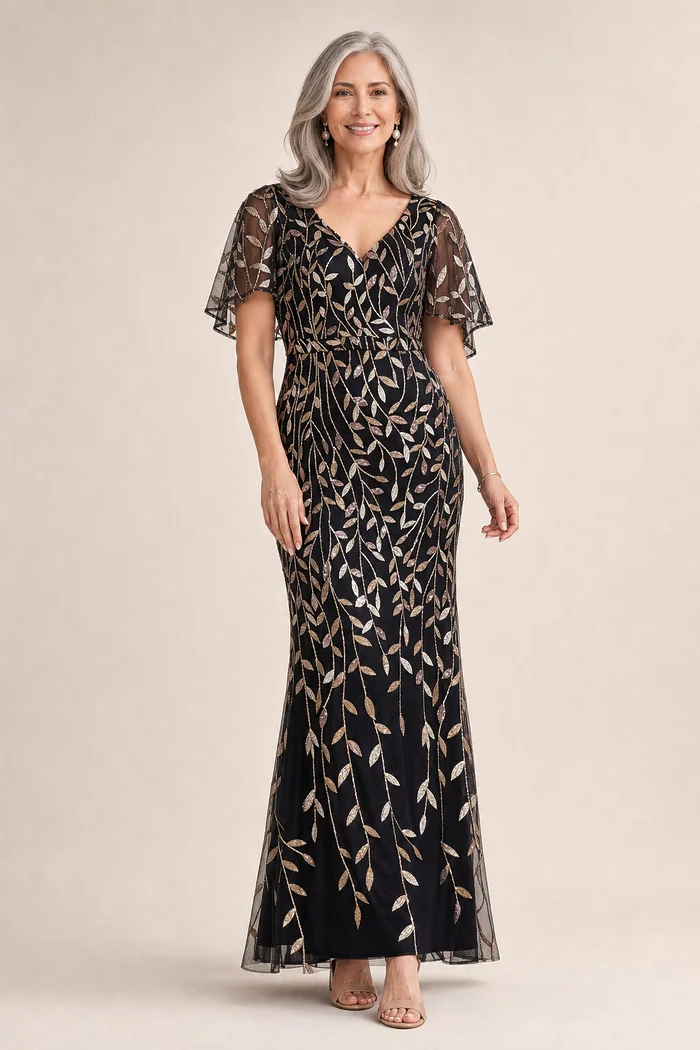 Edith Flutter Sleeve Gold Sequin Black Gown by Dressology mother of the bride dress on model