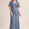 Edith Flutter Sleeve Sequin Dusty Blue Gown by Dressology mother of the bride dress on model