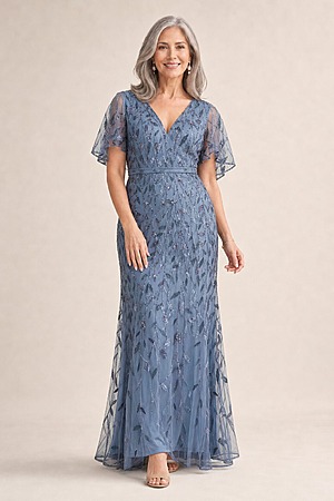 Edith Flutter Sleeve Sequin Dusty Blue Gown by Dressology mother of the bride dress on model